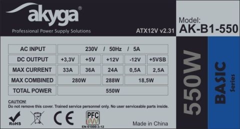 Zasilacz Akyga Basic AK-B1-550 (550 W; Pasywne; 120 mm) Zasilacz Akyga Basic AK-B1-550 (550 W; Pasywne; 120 mm)