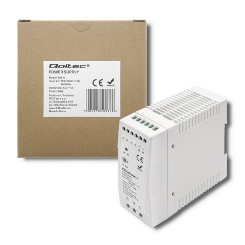 Qoltec Zasilacz na szynę DIN | 60W | 12V | 5A | Biały | Slim Qoltec Zasilacz na szynę DIN | 60W | 12V | 5A | Biały | Slim