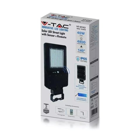 Oprawa Uliczna Solarna V-TAC 40W LED Czarna IP65 120Lm/W VT-ST42 4000K 4800lm Oprawa Uliczna Solarna V-TAC 40W LED Czarna IP65 120Lm/W VT-ST42 4000K 4800lm