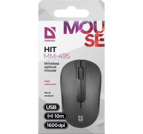 DEFENDER MYSZ BEZPRZEWODOWA HIT MM-495 RF OPTIC CZARNA 1600DPI 3P 52495 DEFENDER MYSZ BEZPRZEWODOWA HIT MM-495 RF OPTIC CZARNA 1600DPI 3P 52495
