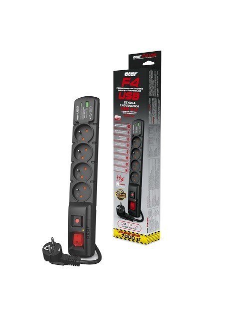 Listwa przeciwprzepięciowa Acar F4 USB A+C (szybka ładowarka) 3m ; czarny Listwa przeciwprzepięciowa Acar F4 USB A+C (szybka ładowarka) 3m ; czarny