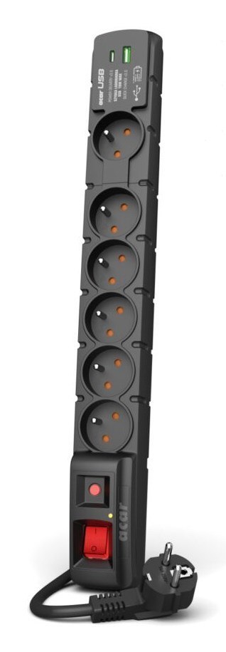 Listwa przeciwprzepięciowa Acar S6 USB A+C (szybka ładowarka) 3m ; czarny