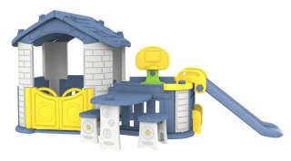 Duży Domek ogrodowy 5w1 dla dzieci + Zjeżdżalnia + Koszykówka + Ogródek + Stolik + 2 Krzesełka Niebieski Dach