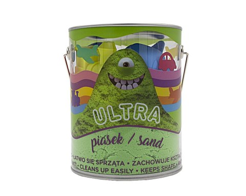 Piasek UltraPiasek puszka 900g 4 duże foremki 2 narzędzia zielony Pojazdy Piasek UltraPiasek puszka 900g 4 duże foremki 2 narzędzia zielony Pojazdy