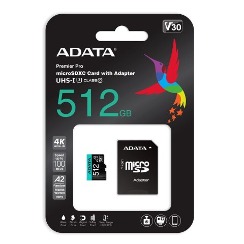 ADATA Premier Pro 512 GB UHS1 U3 V30 A2 + adapter ADATA Premier Pro 512 GB UHS1 U3 V30 A2 + adapter