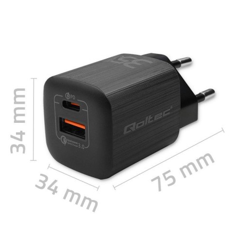 QOLTEC ŁADOWARKA SIECIOWA 35W GAN ULTRA | 5-20V | 2.25-3A | 1 X USB TYP C PD | 1 X USB QV 3.0 | CZARNA QOLTEC ŁADOWARKA SIECIOWA 35W GAN ULTRA | 5-20V | 2.25-3A | 1 X USB TYP C PD | 1 X USB QV 3.0 | CZARNA