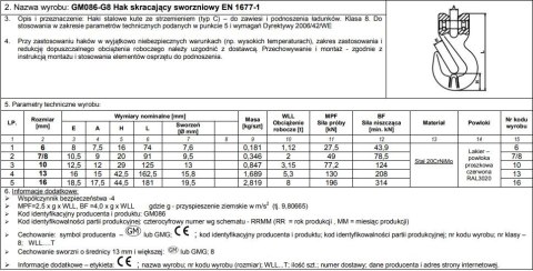 HAK SKRACAJĄCY ZE SWORZNIEM 6MM G8 WLL 1,12T HAK SKRACAJĄCY ZE SWORZNIEM 6MM G8 WLL 1,12T