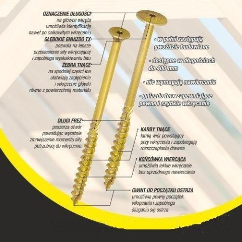 WKRĘT DO DREWNA Z KOŁNIERZEM NA TORX OCYNKOWANY 10*400MM T40 WKRĘT DO DREWNA Z KOŁNIERZEM NA TORX OCYNKOWANY 10*400MM T40