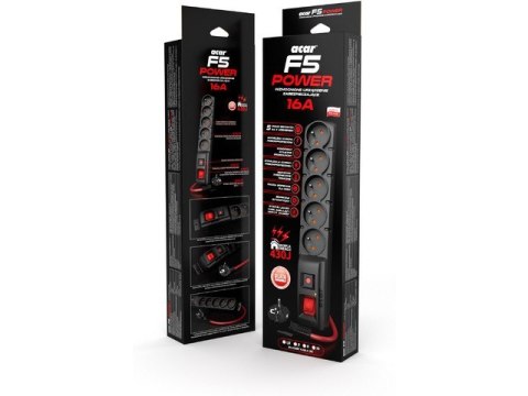 Listwa zasilająca F5 Power 1.5m 16A (5 gniazd) Czarna Listwa zasilająca F5 Power 1.5m 16A (5 gniazd) Czarna