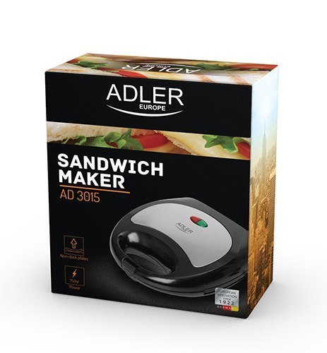 Opiekacz do kanapek Adler AD 3015 (750W; kolor czarny) Opiekacz do kanapek Adler AD 3015 (750W; kolor czarny)