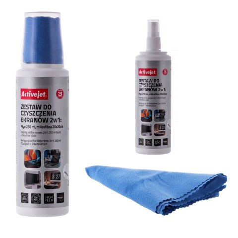 Activejet AOC-269 Zestaw do czyszczenia ekranów 2w1 250 ml., 20x20 cm Activejet AOC-269 Zestaw do czyszczenia ekranów 2w1 250 ml., 20x20 cm