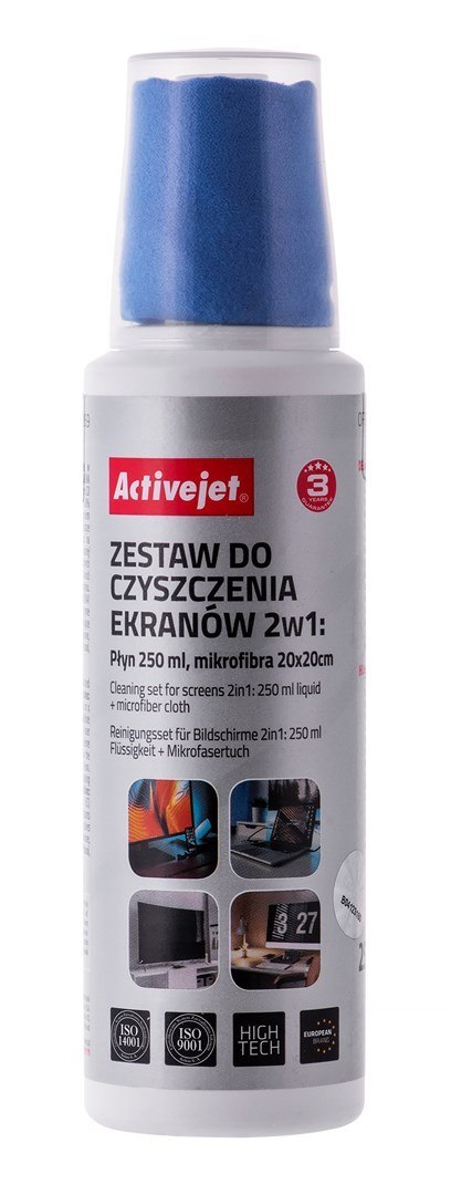 Activejet AOC-269 Zestaw do czyszczenia ekranów 2w1 250 ml., 20x20 cm Activejet AOC-269 Zestaw do czyszczenia ekranów 2w1 250 ml., 20x20 cm