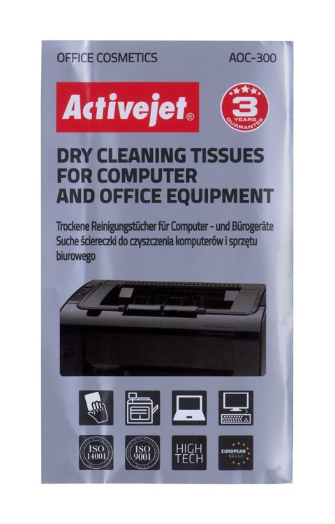 Activejet AOC-300 chusteczki bezpyłowe 24 szt. Uniwersalne, suche ściereczki niepylące, perforowane do czyszczenia komputerów i Activejet AOC-300 chusteczki bezpyłowe 24 szt. Uniwersalne, suche ściereczki niepylące, perforowane do czyszczenia komputerów i