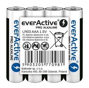 EVERACTIVE BATERIE ALKALICZNE PRO ALKALINE R03, AAA, SHRINK 4SZT , 1250 MAH, WYSOKA WYDAJNOŚĆ, LR03PRO4T EVERACTIVE BATERIE ALKALICZNE PRO ALKALINE R03, AAA, SHRINK 4SZT , 1250 MAH, WYSOKA WYDAJNOŚĆ, LR03PRO4T