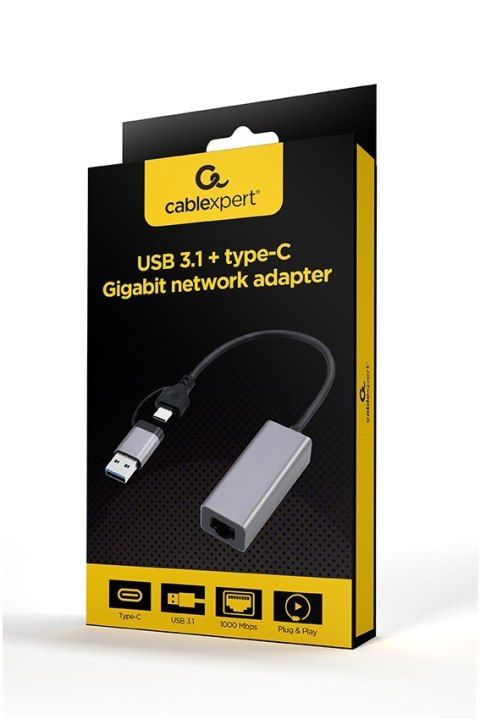 GEMBIRD ADAPTER USB TYP 3.1 + USB-C -> LAN RJ45 GIGABIT 15CM GEMBIRD ADAPTER USB TYP 3.1 + USB-C -> LAN RJ45 GIGABIT 15CM