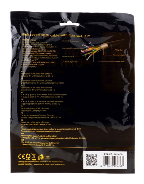 Kabel GEMBIRD CC-HDMI4-10 (HDMI M - HDMI M; 3m; kolor czarny) Kabel GEMBIRD CC-HDMI4-10 (HDMI M - HDMI M; 3m; kolor czarny)