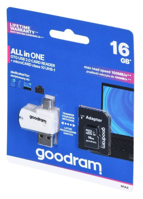 Karta pamięci z adapterem i czytnikiem kart GoodRam All in one M1A4-0160R12 (16GB; Class 10; Adapter, Czytnik kart MicroSDHC, Ka Karta pamięci z adapterem i czytnikiem kart GoodRam All in one M1A4-0160R12 (16GB; Class 10; Adapter, Czytnik kart MicroSDHC, Ka