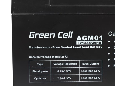 GREEN CELL AKUMULATOR ŻELOWY AGM01 6V 12AH GREEN CELL AKUMULATOR ŻELOWY AGM01 6V 12AH