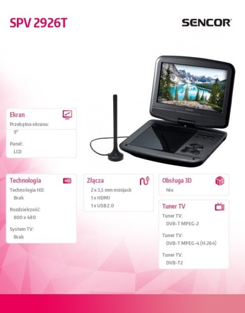 Telewizor przenośny 9 SPV 7926T z DVD, Tuner DVB-T MPEG4 Telewizor przenośny 9 SPV 7926T z DVD, Tuner DVB-T MPEG4