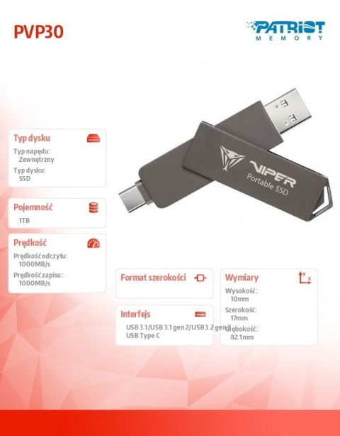 Dysk zewnętrzny SSD 1TB PVP30 Duo Compact 1000/1000 MB/s USB 3.2 USB-C Dysk zewnętrzny SSD 1TB PVP30 Duo Compact 1000/1000 MB/s USB 3.2 USB-C