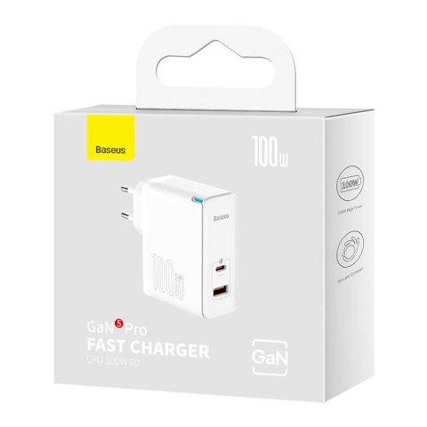 Ładowarka sieciowa Baseus GaN5 Pro, USB-C + USB, 100W + kabel (biała) Ładowarka sieciowa Baseus GaN5 Pro, USB-C + USB, 100W + kabel (biała)