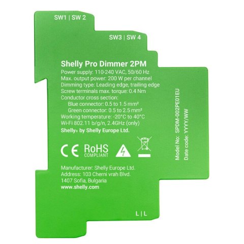 2-kanałowy ściemniacz na szynę DIN Shelly Pro Dimmer 2 WiFi/Bluetooth 2-kanałowy ściemniacz na szynę DIN Shelly Pro Dimmer 2 WiFi/Bluetooth