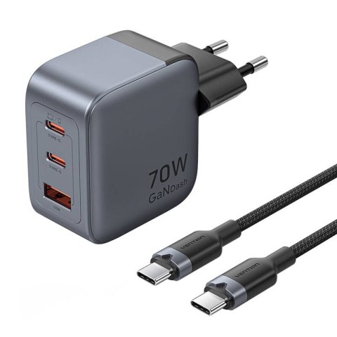 Ładowarka GaN Vention USB-C+C+A 70W + Kabel USB-C-C 1m (Szara) Ładowarka GaN Vention USB-C+C+A 70W + Kabel USB-C-C 1m (Szara)