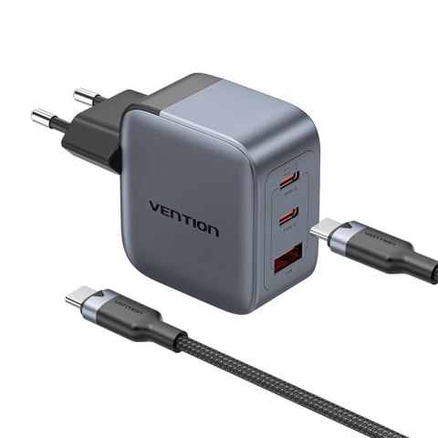 Ładowarka GaN Vention USB-C+C+A 70W + Kabel USB-C-C 1m (Szara) Ładowarka GaN Vention USB-C+C+A 70W + Kabel USB-C-C 1m (Szara)