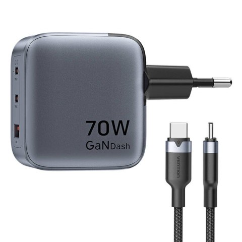 Ładowarka GaN Vention USB-C+C+A 70W + Kabel USB-C-C 1m (Szara) Ładowarka GaN Vention USB-C+C+A 70W + Kabel USB-C-C 1m (Szara)