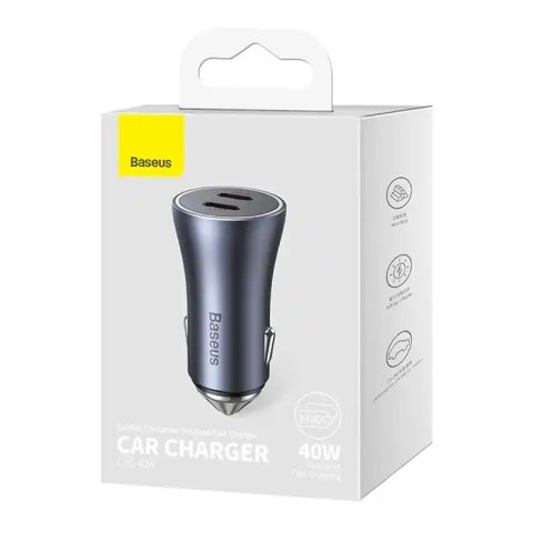 Ładowarka samochodowa Baseus Golden Contactor Pro, 2x USB-C, 40W (szara)
